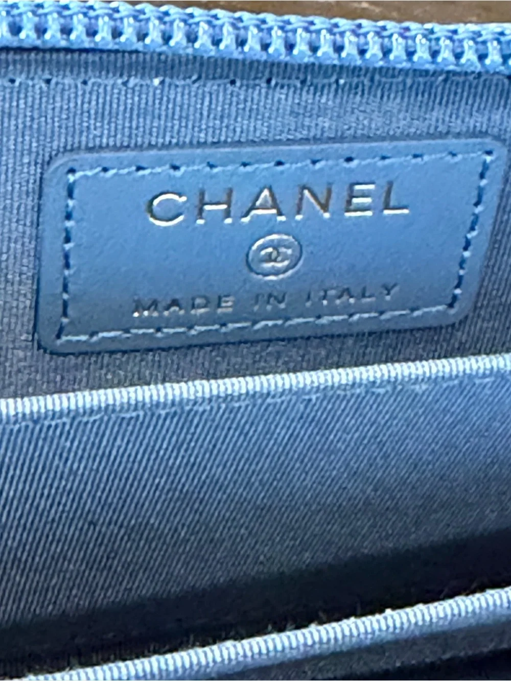 CHANEL NWOT Boy Light Blue Quilted Zip Coin Card Zip Wallet with Gold CC Accent